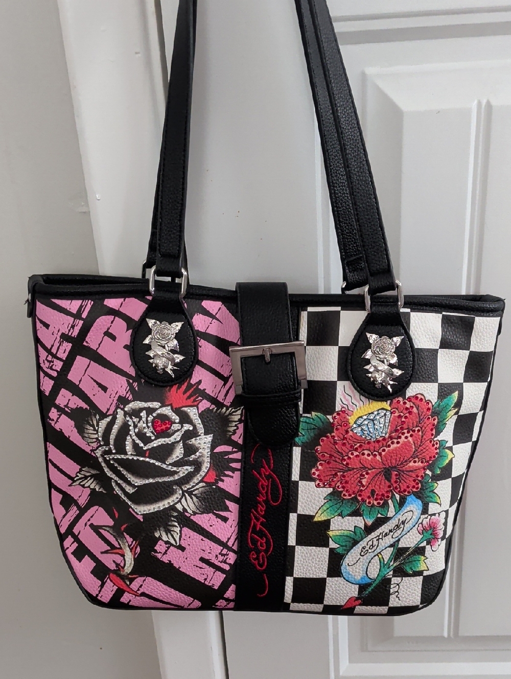 Ed Hardy Pink & Black Floral Checker Shoulder Bag